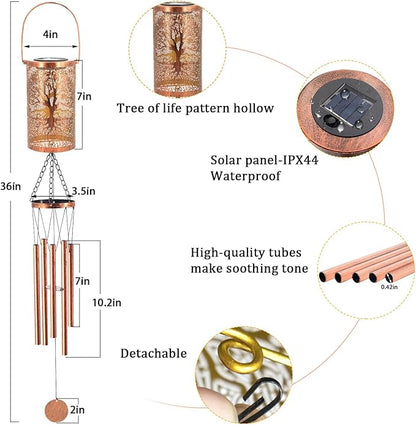 36" Solar Wind Chimes Hanging Lights Outdoor Detachable Led Lantern Metal Wind Chimes for Outside Unique Tree Life Garden Hanging Solar Decorative as Gift for Mom Women Grandma (Bronze)