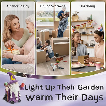 HUYIENO Gnome Solar Garden Statue 9.7" Outdoor Decor with LED Firefly String Lights, Waterproof Solar Powered Figurine for Patio, Yard, Lawn, Porch, Housewarming, Mom & Birthday Gift Ghome