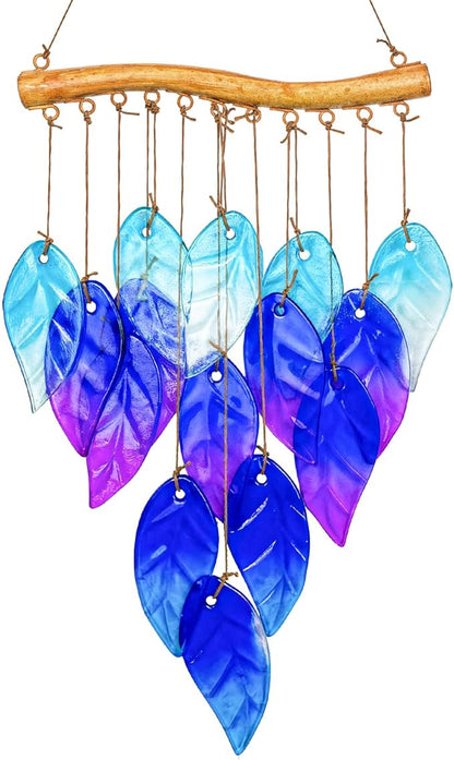 Sea Glass Wind Chime, Leaf Shape Glass Windchime for Outside, Indoor Outdoor Decor for Patio Garden Yard, Nice Gifts for Mom & Women, Memorial Sympathy Gift for Home