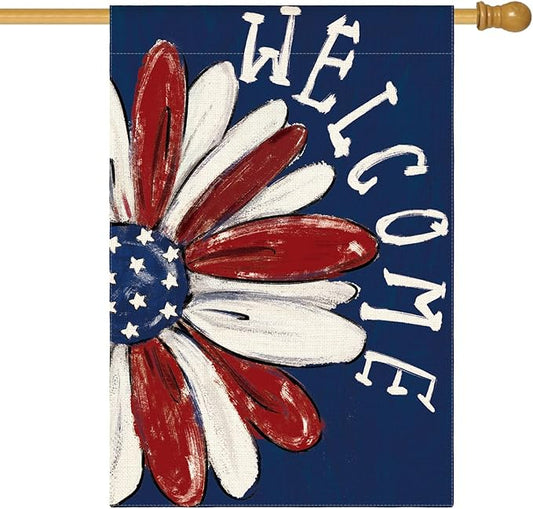 AVOIN colorlife Patriotic 4th of July House Flag 28x40 Inch Double Sided Outside, Memorial Day Floral Welcome Daisy Yard Outdoor Decoration