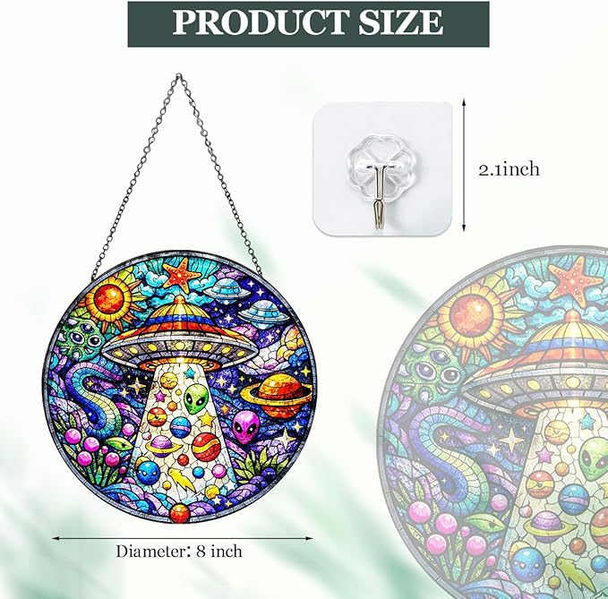 UFO Alien Stained Glass Window Hanging – Round Space Suncatcher with Chain, Colorful Glass Ornament for Bedroom Game Room Home Garden Decor Gift, 8 Inch