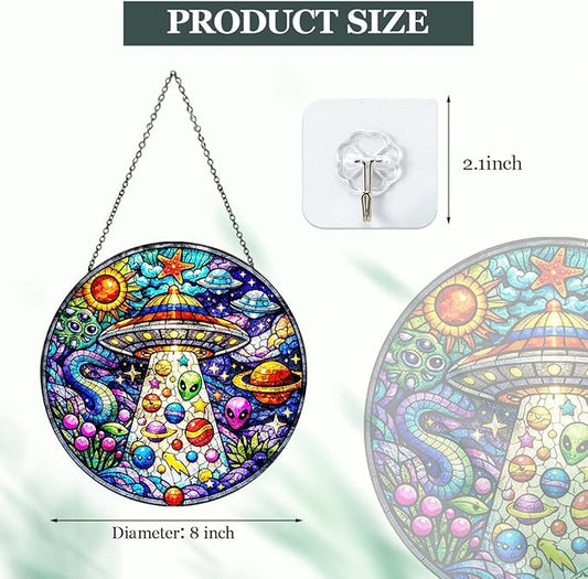 UFO Alien Stained Glass Window Hanging – Round Space Suncatcher with Chain, Colorful Glass Ornament for Bedroom Game Room Home Garden Decor Gift, 8 Inch