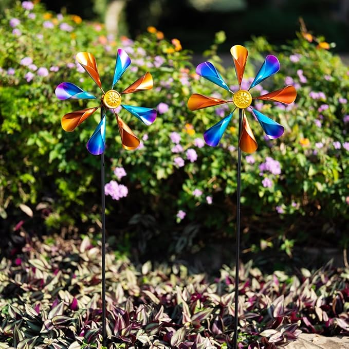 DREAMYSOUL 2 Pack Wind Spinners Outdoor, 10" Dia Metal Pinwheels for Yard and Garden, Kinetic Wind Sculptures & Spinner Outside (Colorful)