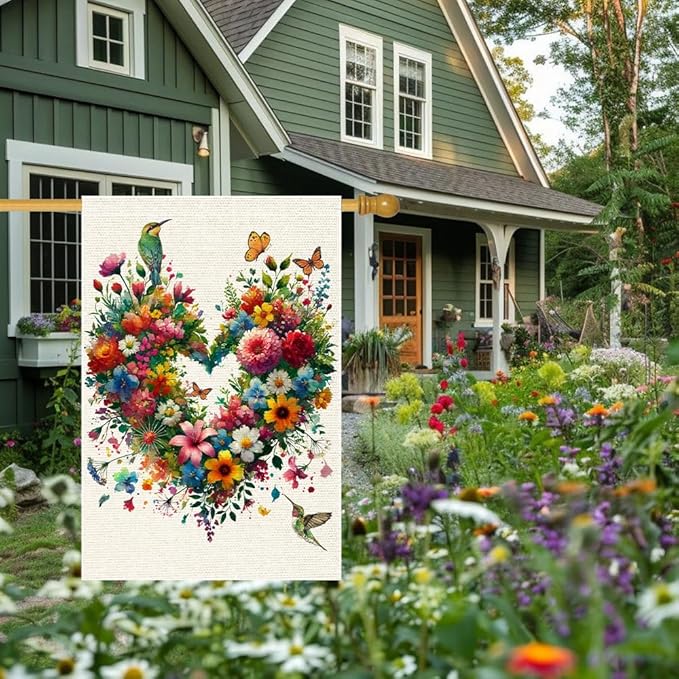 Colorful Floral Love Hearts Garden Flag 28X40 Inch Double Sided Small Burlap Birds Flowers Butterflies Outdoor Decorations Spring Summer Garden Flags Patio Yard Outside Decor