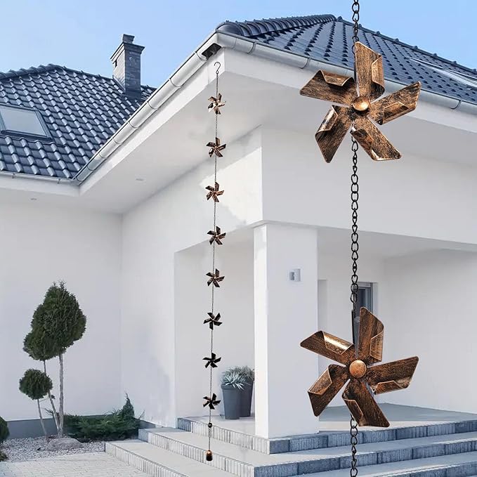 Long Decorative Metal Rain Chain with 8 Windmill Functional Replacement for Gutters Downspouts, Outdoor Garden Rainwater Collector, Easy Installation, Durable Artistic, Adds Curb Appeal to Your Home