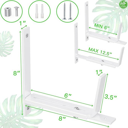HFHOME 2 PCS Adjustable Planter Box Brackets (6 to 12.5 in), Universal Window Box Brackets, Heavy Duty Metal Flower Box Wall Mounting Hooks for Balcony, Fences, Patio, and Garden - White