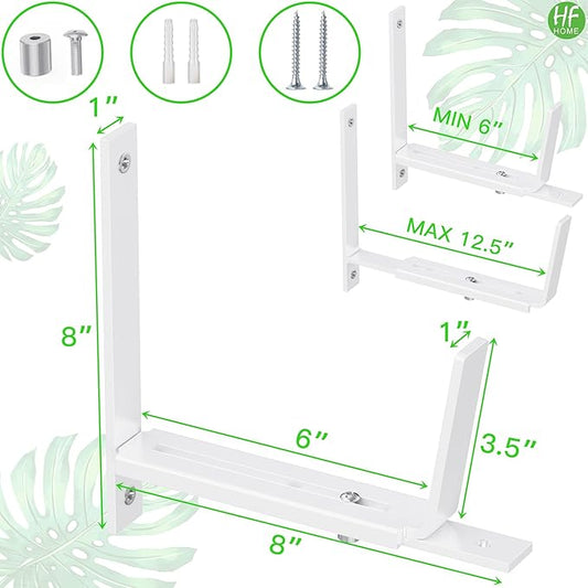 HFHOME 2 PCS Adjustable Planter Box Brackets (6 to 12.5 in), Universal Window Box Brackets, Heavy Duty Metal Flower Box Wall Mounting Hooks for Balcony, Fences, Patio, and Garden - White