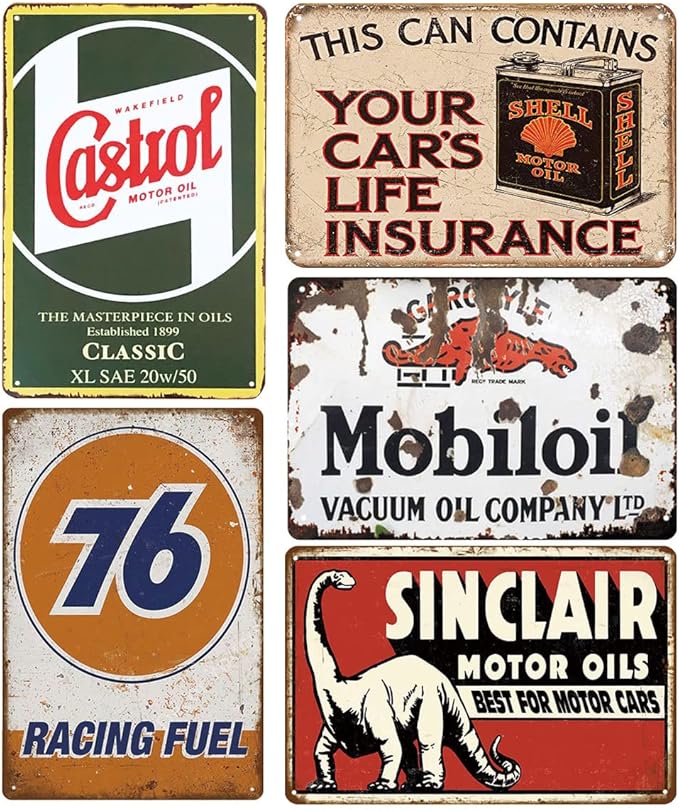 Pack of 5 pcs Retro Vintage Tin Signs, Gas Oil Car Metal Posters for Garage Man Cave Bar, 8x12 inch/20x30cm
