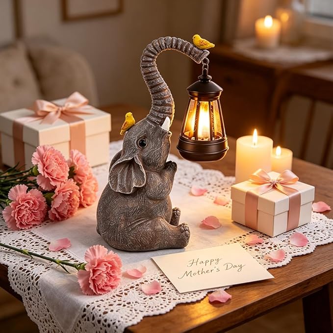 Elephant Garden Statues with Solar Lantern Outdoor Elephants Figurine Resin Elephant Sculpture Solar Lights for Decoration Yard Patio Balcony Lawn Ornament Art Decor, Unique Gift for Grandma Wowen Mom