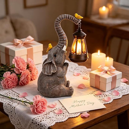 Elephant Garden Statues with Solar Lantern Outdoor Elephants Figurine Resin Elephant Sculpture Solar Lights for Decoration Yard Patio Balcony Lawn Ornament Art Decor, Unique Gift for Grandma Wowen Mom
