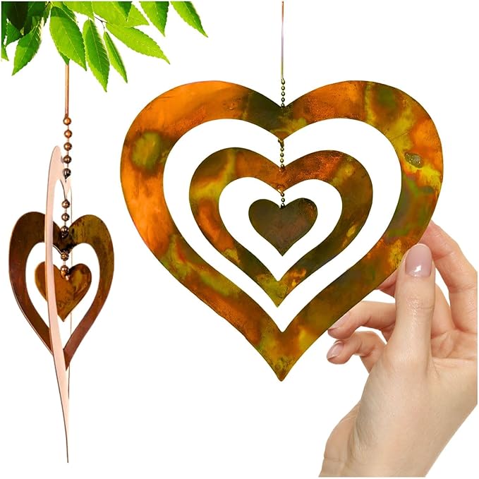 Handcrafted Triple Spinning Heart Steel Ornament (Flamed Finish) Happy Gardens Rustic Outdoor Metal Hook Hanging Decor for Outside Back Yard
