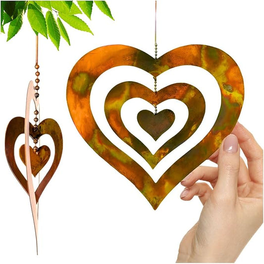 Handcrafted Triple Spinning Heart Steel Ornament (Flamed Finish) Happy Gardens Rustic Outdoor Metal Hook Hanging Decor for Outside Back Yard
