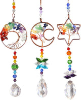 3pcs Rainbow Chakra Crystal Suncatcher Windows Hanging Tree of Life Sun Catchers Decor with Prisms for Car, Feng Shui Charms Decor for Home