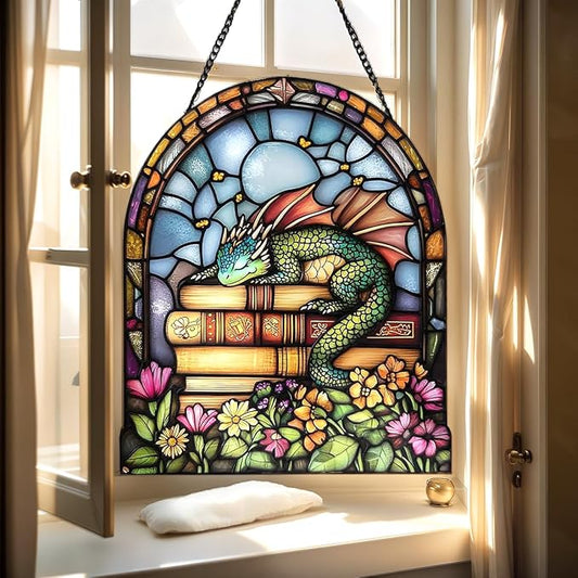 Book Dragon Floral Acrylic Suncatcher, Bookish Suncatchers for Window Hanging Ornament, Art Garden Decor for Book Lover Reader Bookworm, Gifts for Mother's Day, Mom, Grandma, Wife, Women, Nana