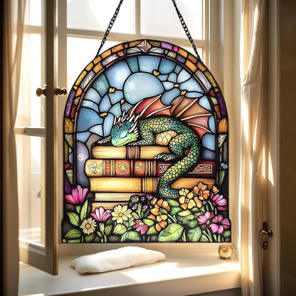 Book Dragon Floral Acrylic Suncatcher, Bookish Suncatchers for Window Hanging Ornament, Art Garden Decor for Book Lover Reader Bookworm, Gifts for Mother's Day, Mom, Grandma, Wife, Women, Nana
