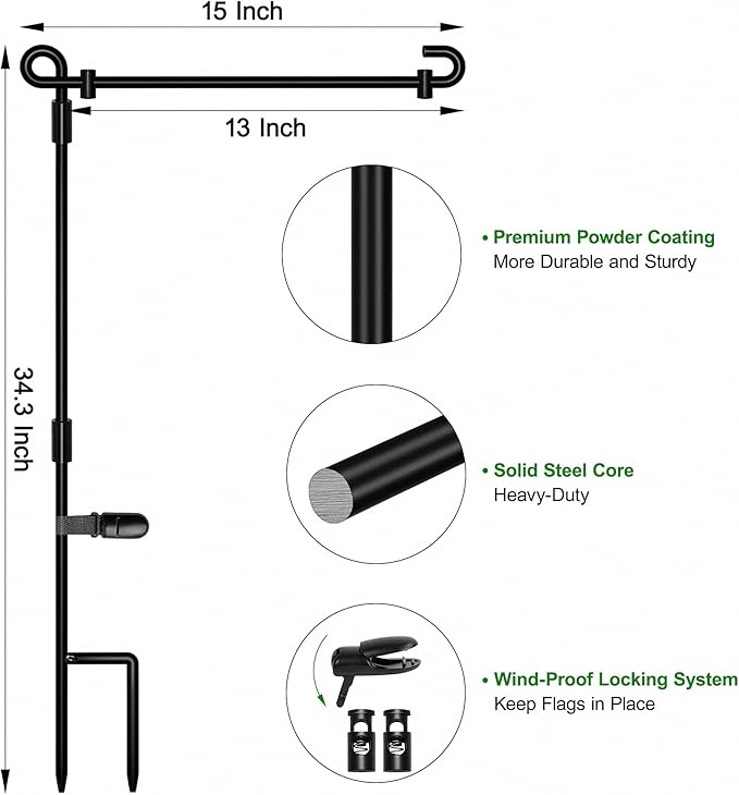 HOOSUN Garden Flag Stand, Premium Garden Flag Pole Holder Metal Powder-Coated Weather-Proof Paint with one Tiger Clip and Two Spring Stoppers Without Flag 3 Pack