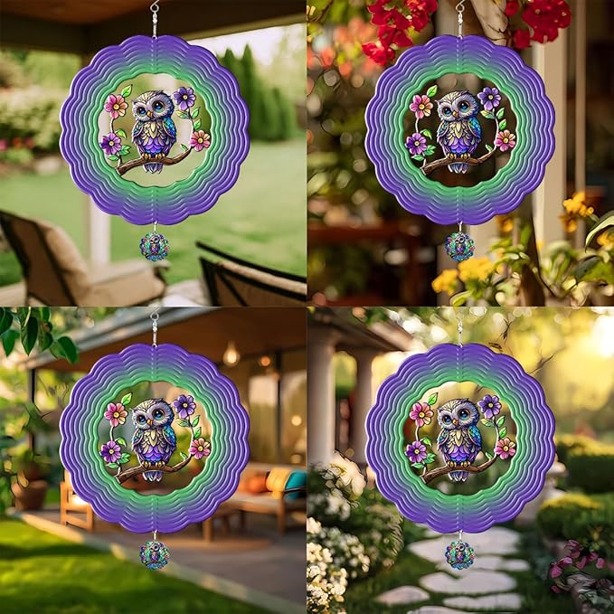 GENANY Owl Hanging Wind Spinners for Women Men, 12 Inch Metal 3D, Stainless Steel Hanging Wind Catchers Sculpture for Outside, Outdoor Spring Decoration, Unique Gift