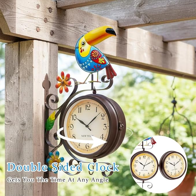 Vintage Indoor Outdoor Clock - Silent Non-Ticking, Double Sided Wall Clock with Toucan Decor Waterproof for Garden, Patio, Yard, Farmhouse, Home Décor (Blue)