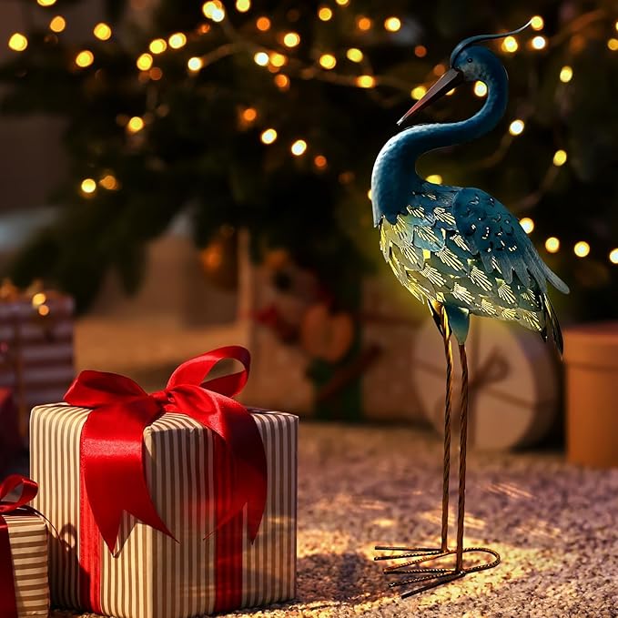 HONGLAND Solar Metal Crane Statue Garden Heron Sculpture, Outdoor Heron Yard Art Coastal Ocean Bird Decor Lawn Ornament for Backyard Porch Patio Decor（30 Inch）