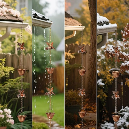 Solid Rain Chain for Gutters – 8.5ft Cast Iron Rain Catcher Chain, Decorative Rain Chimes Outside with 12 Cups & Hummingbird Decor