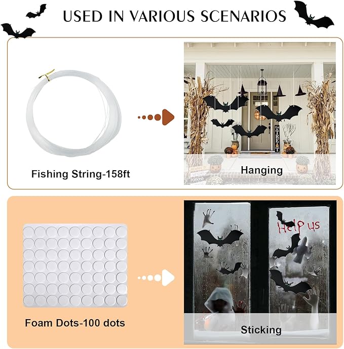 18 PCS Hanging Bats Halloween Decorations - 3 Different Sizes Black Bats with Glowing Eyes for Outdoor and Indoor Party Decor - Yard, Wall, Tree, Lawn