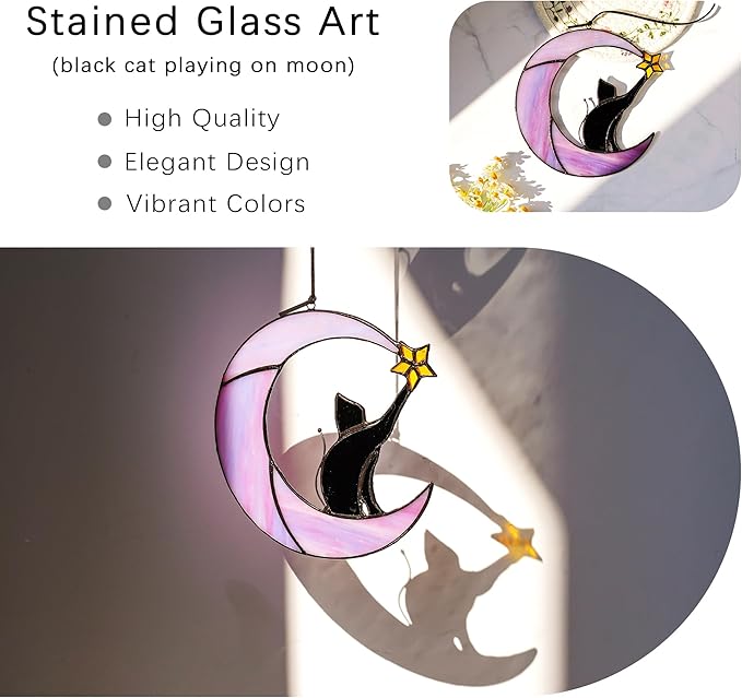 HDCRYSTALGIFTS 6.5'' Black Cat Decor on Purple Moon Stained Glass Window Hanging Suncatcher,Wall Art Glass Window Panel Sun Catcher,Halloween Decoration Memorial Gift for Lover Cat Loss