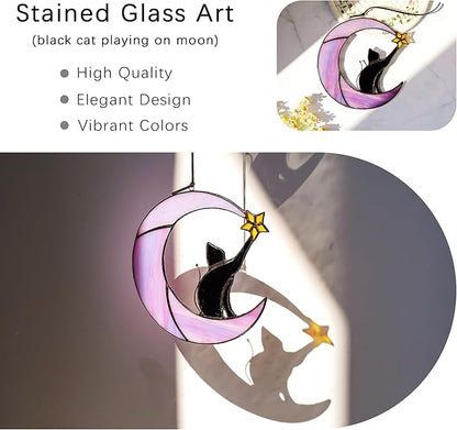 HDCRYSTALGIFTS 6.5'' Black Cat Decor on Purple Moon Stained Glass Window Hanging Suncatcher,Wall Art Glass Window Panel Sun Catcher,Halloween Decoration Memorial Gift for Lover Cat Loss