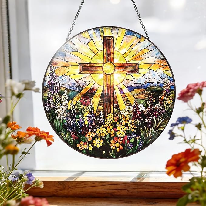 Christian Cross Stained Glass Window Hanging – Round Faith Suncatcher with Chain, Colorful Glass Ornament for Living Room Home Garden Decor Gift, 8 Inch
