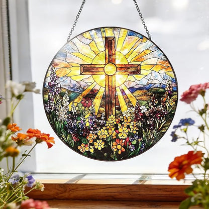 Christian Cross Stained Glass Window Hanging – Round Faith Suncatcher with Chain, Colorful Glass Ornament for Living Room Home Garden Decor Gift, 8 Inch