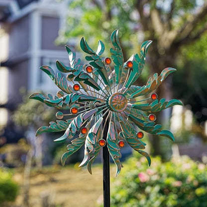 DREAMSOUL 13" Dia Wind Spinners Outdoor with Stake Kinetic Metal Wind Spinner with Red Crystal Accents, Teal Copper Windmill for Yard Garden Decor