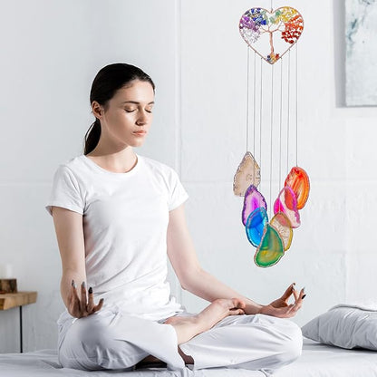 Yoption Heart Wind Chimes with Crystal Tree of Life Agate Slice for Home Wall Decor, 7 Chakra Natural Crystal Windchimes for Home Garden Decorative Ornament, Unique Gift