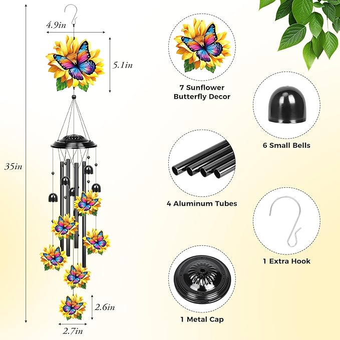 YHmall Sunflower Butterfly Gifts for Women, 35 in Wind Chimes for Outside Mothers Day Gardening Gifts for Mom Colorful Metal Memorial Wind Chime Butterfly Decor for Home Yard Patio Garden Outdoor