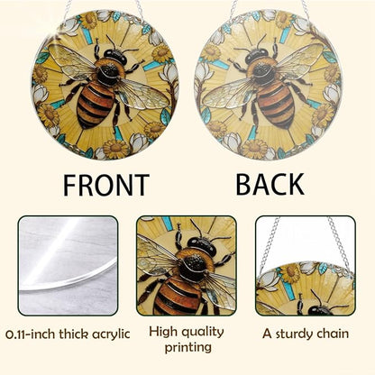 Bees Acrylic Suncatcher for Window Hanging, Indoor Window Wall Art, Hand-Painted Sun Catcher Garden Hangings, Mother's Day Birthday Gifts for Women Friends Mom and Nana