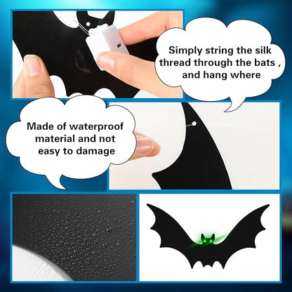 12 Pcs Hanging Bats with Lights Halloween Decoration Outside Pumpkin Skeleton Spider Outdoor Lawn Decorations 3 Size Realistic Ghost for The Tree Porch Yard Lawn Indoor(Bat)