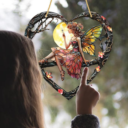 1PC Flower Fairy Acrylic Stained Glass Suncatcher Nature Heart-Shaped Magic and Butterfly Girls Suncatcher Hanging Decoration with Cord SunCatchers for Window Decor Outdoor Garden Decor Gift (red)