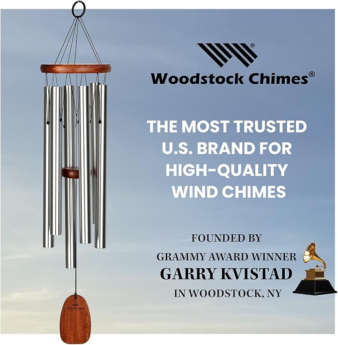 Woodstock Chimes of Comfort 24" Memorial Wind Chimes for Outdoor & Garden, Tuned to Amazing Grace, Sympathy Gift Silver Aluminum Tubes, Teak Wood Finish (WCOC)