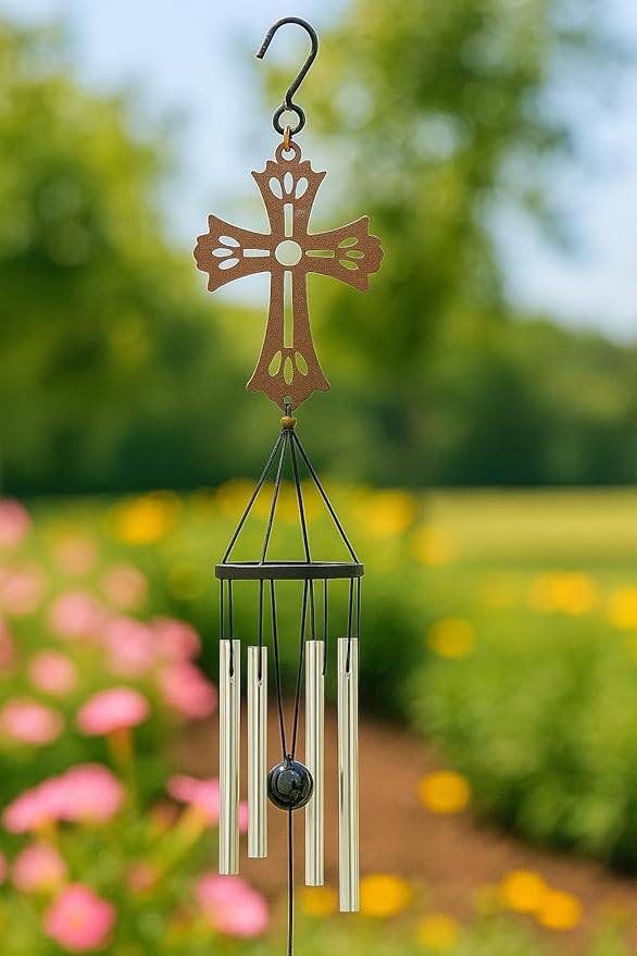 The Bridge Collection Cross Wind Chime with Cutout Metal Design - Religious Garden Decoration with Silver Chime Tubes - Spiritual Outdoor Accent with Religious Theme