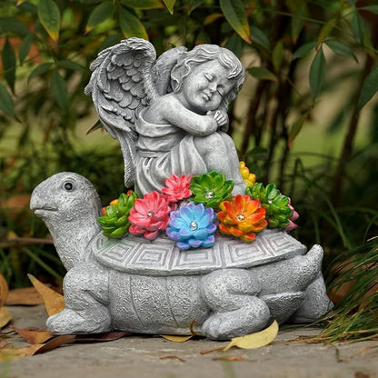 Solar Angel Turtle Garden Statue - IP65 Waterproof Outdoor Decor with 7 LED Lights - Heartwarming Memorial Gifts for Mom, Grandma - Resin Figurine for Patio & Yard
