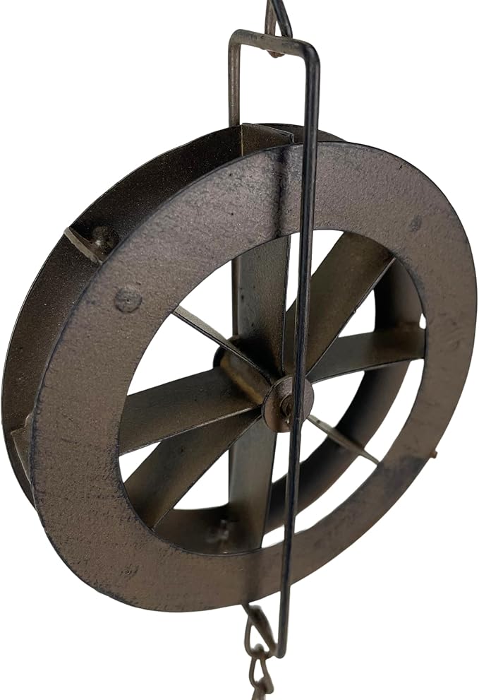Things2Die4 78-Inch Metal Rain Chain with 6 Water Wheels & Weighted Bell, Rustic Brown Finish, Decorative Downspout Alternative for Rainwater Collection, Outdoor Garden Décor