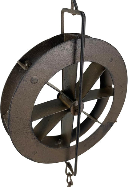 Things2Die4 78-Inch Metal Rain Chain with 6 Water Wheels & Weighted Bell, Rustic Brown Finish, Decorative Downspout Alternative for Rainwater Collection, Outdoor Garden Décor