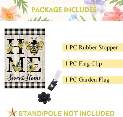 ORTIGIA Home Sweet Home Bee Garden Flag Double Sided 12.5x18 Inch, Spring Summer Yellow Flower Buffalo Plaid Check Small Yard Flag Burlap Farmhouse Rustic Outside Outdoor Lawn Patio Decor