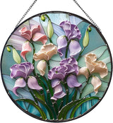 7.87" Iris Flower Stained Glass Window Hanging -Sun Catcher for Door Terrace Garden Home Decor, Green Plants Suncatcher Birthday Gifts for Mother's Day Teacher Dad Mom Nana