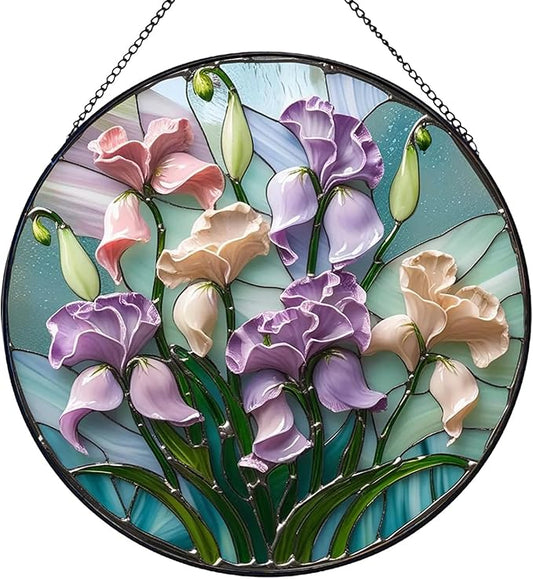 7.87" Iris Flower Stained Glass Window Hanging -Sun Catcher for Door Terrace Garden Home Decor, Green Plants Suncatcher Birthday Gifts for Mother's Day Teacher Dad Mom Nana