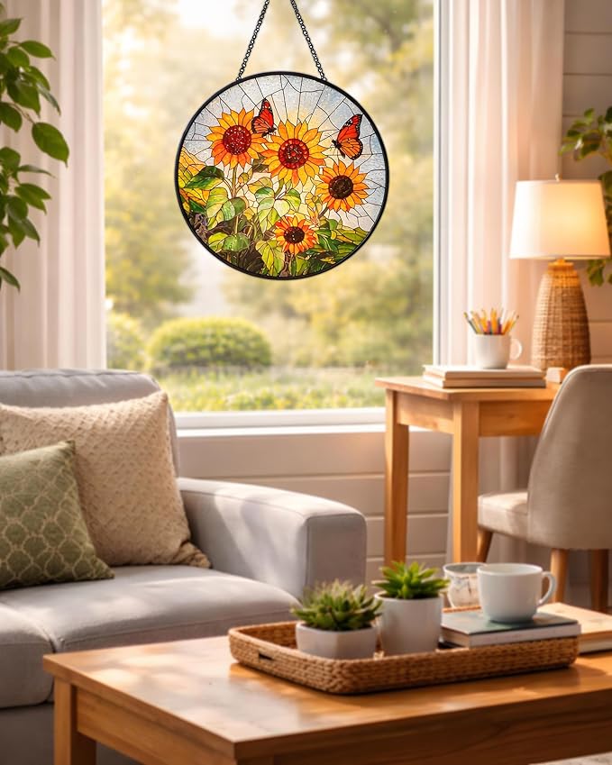 Sunflower Stained Glass Window Hanging Suncatcher, Round Floral Panel with Butterfly, Colourful Window Decor for Home Garden Conservatory Wall, Nature Lover Gift for Mum Grandma