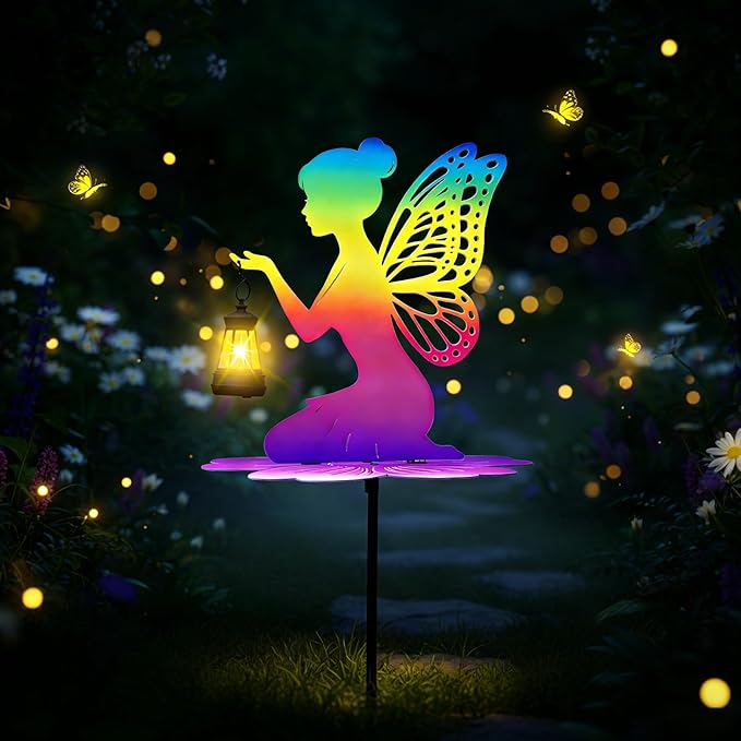 Rainbow Solar Fairy Garden Stake - 21" Iridescent Metal Fairy Silhouette with Warm LED Lantern, Waterproof Outdoor Decorative Light for Path, Yard, Flower Pot - Unique Gardening Gifts for Women/Mom