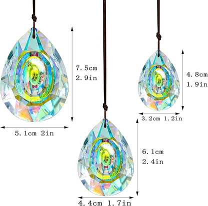 Window Hanging Crystal Prisms Sun Catcher AB Coating Rainbow Maker Glass Prisms Hanging Suncatcher Pendant for Home Garden Decor,76mm/63mm/50mm Chandelier Prism Parts, Pack of 3