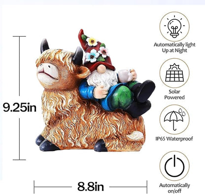 Pohabery Garden Gnomes Decor Outdoor Statues Gnome on Highland Cow Hold Solar Cup Light Outdoor Decorations for Patio,Yard and Gift for Mom