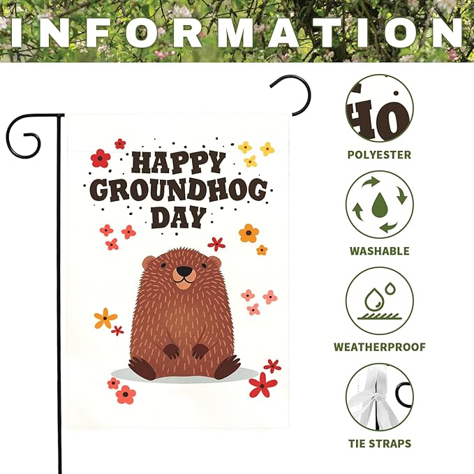 Happy Groundhog Day Garden Flag for Outdoor Spring Yard Flags Cute Groundhog Floral Banner Seasonal Welcome Banners Double Sided Weather Resistant Funny Animal Holiday Decor 12x18 Inch