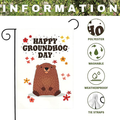 Happy Groundhog Day Garden Flag for Outdoor Spring Yard Flags Cute Groundhog Floral Banner Seasonal Welcome Banners Double Sided Weather Resistant Funny Animal Holiday Decor 12x18 Inch