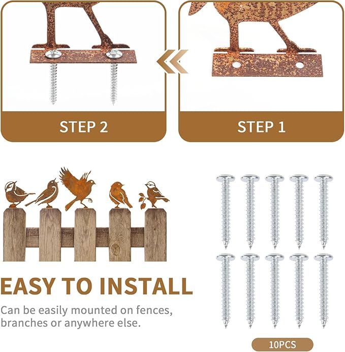 Geila 5PCS Rusty Birds Decoration, Fence Decorations Outdoor, Metal Birds Yard Decor Perfect Yard Art and Large Outdoor Ornaments (F)